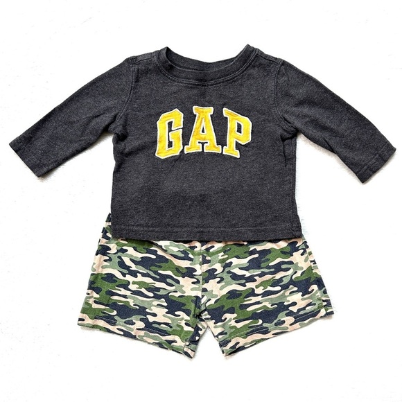 ⭐️ 5 for $25 GAP Gray Long Sleeve Shirt with Camouflage Shorts Size 2-6 Months - Picture 1 of 9